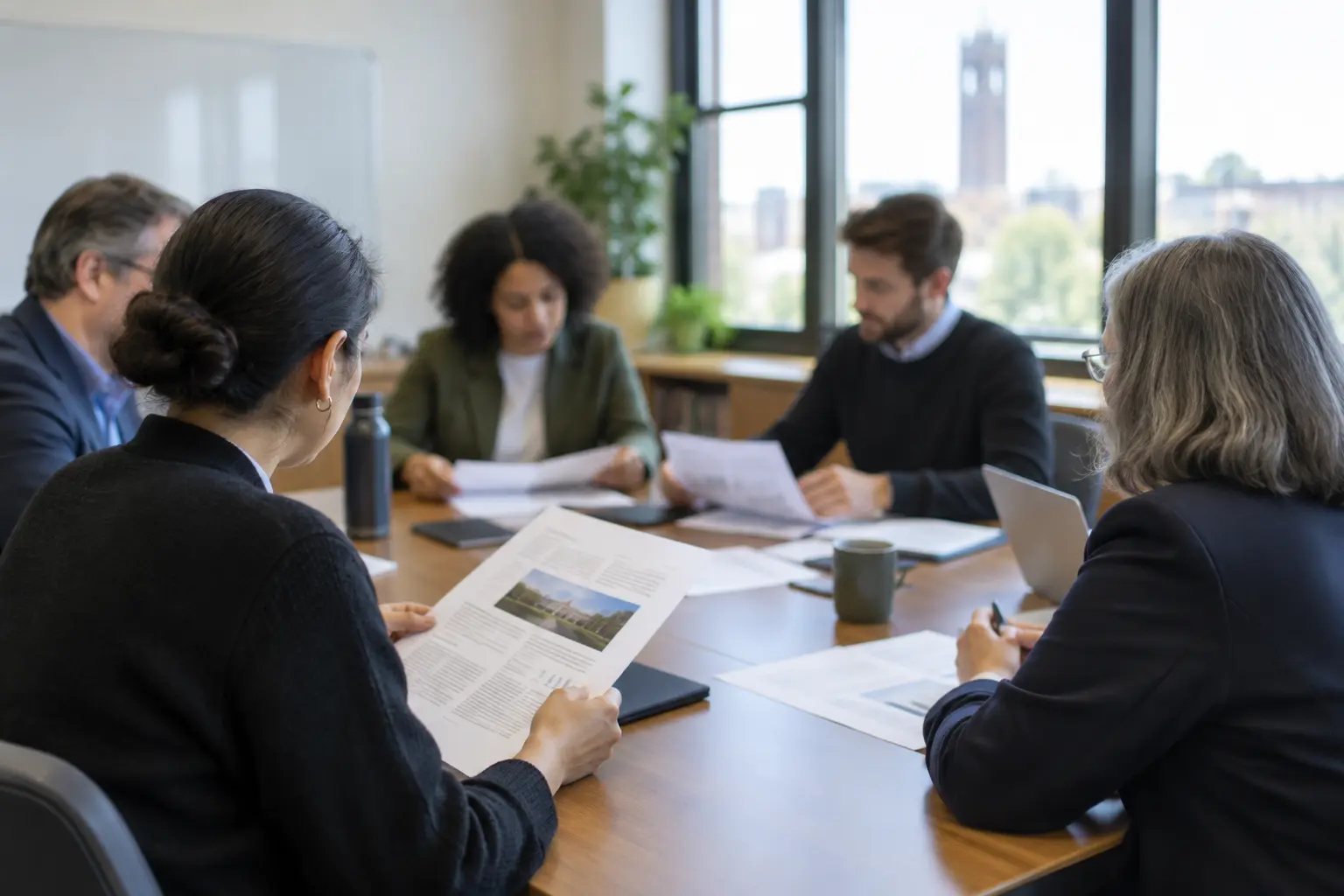 A university committee reviewing a printed thesis proposal document around a table