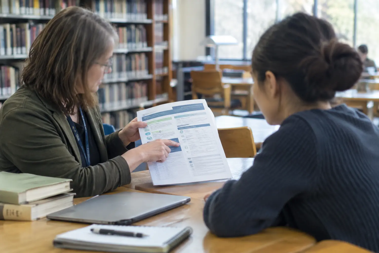 A librarian showing a data-access guide document to a graduate student in a library