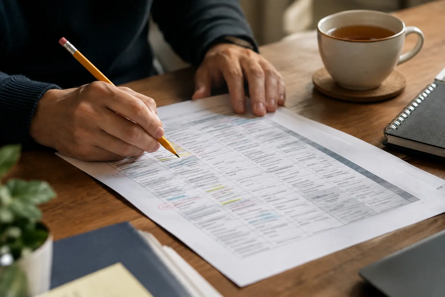 Hands annotating a printed literature table with a pencil