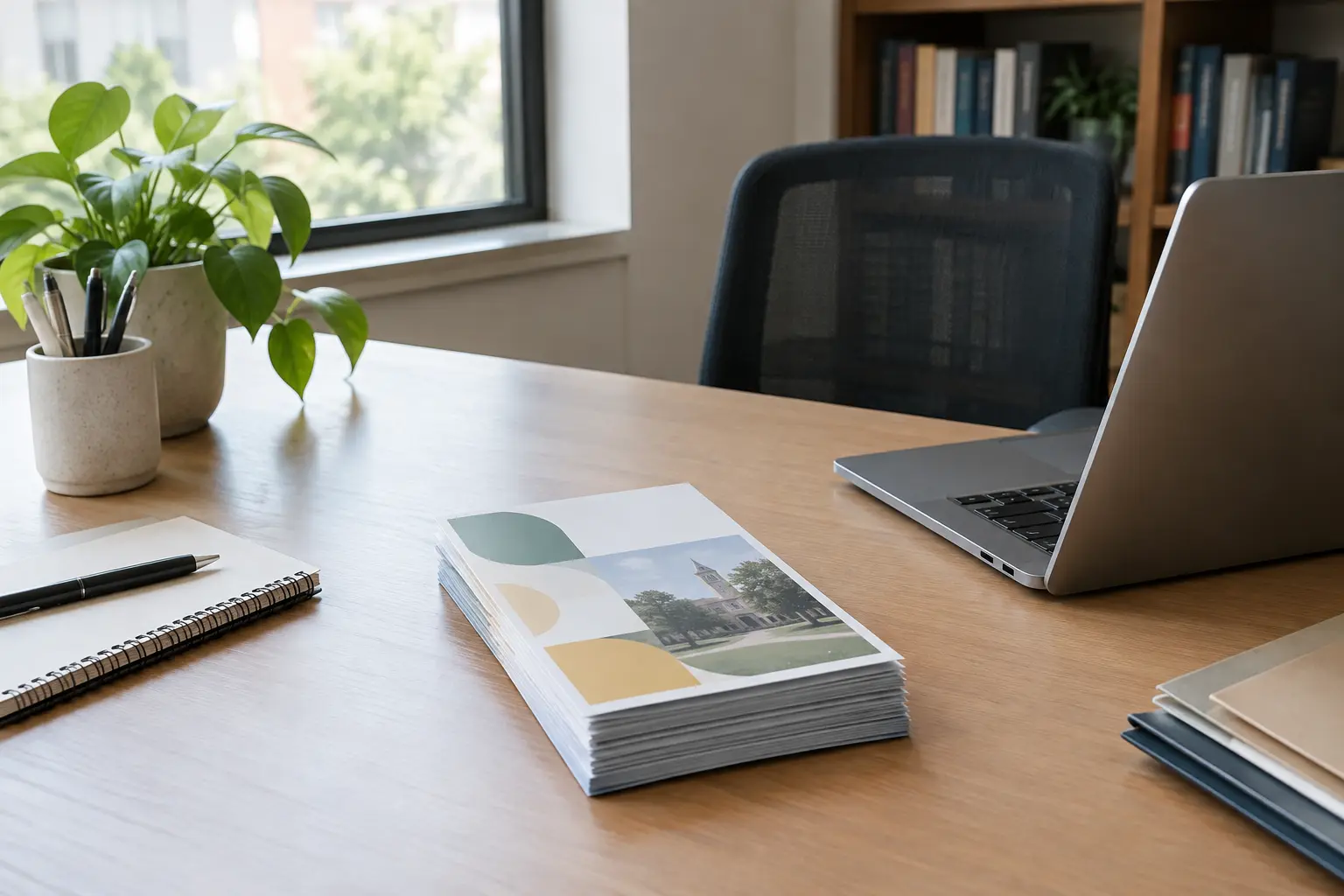 Graduate school desk with leaflets and a laptop in natural light