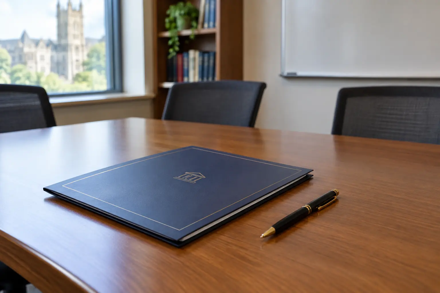 Folder of printed agreements and a pen on a meeting room table