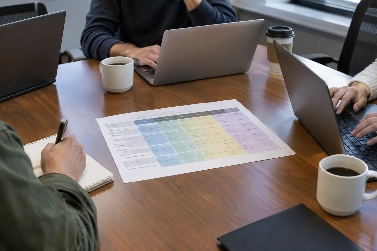 Committee table with a printed evaluation matrix and laptops