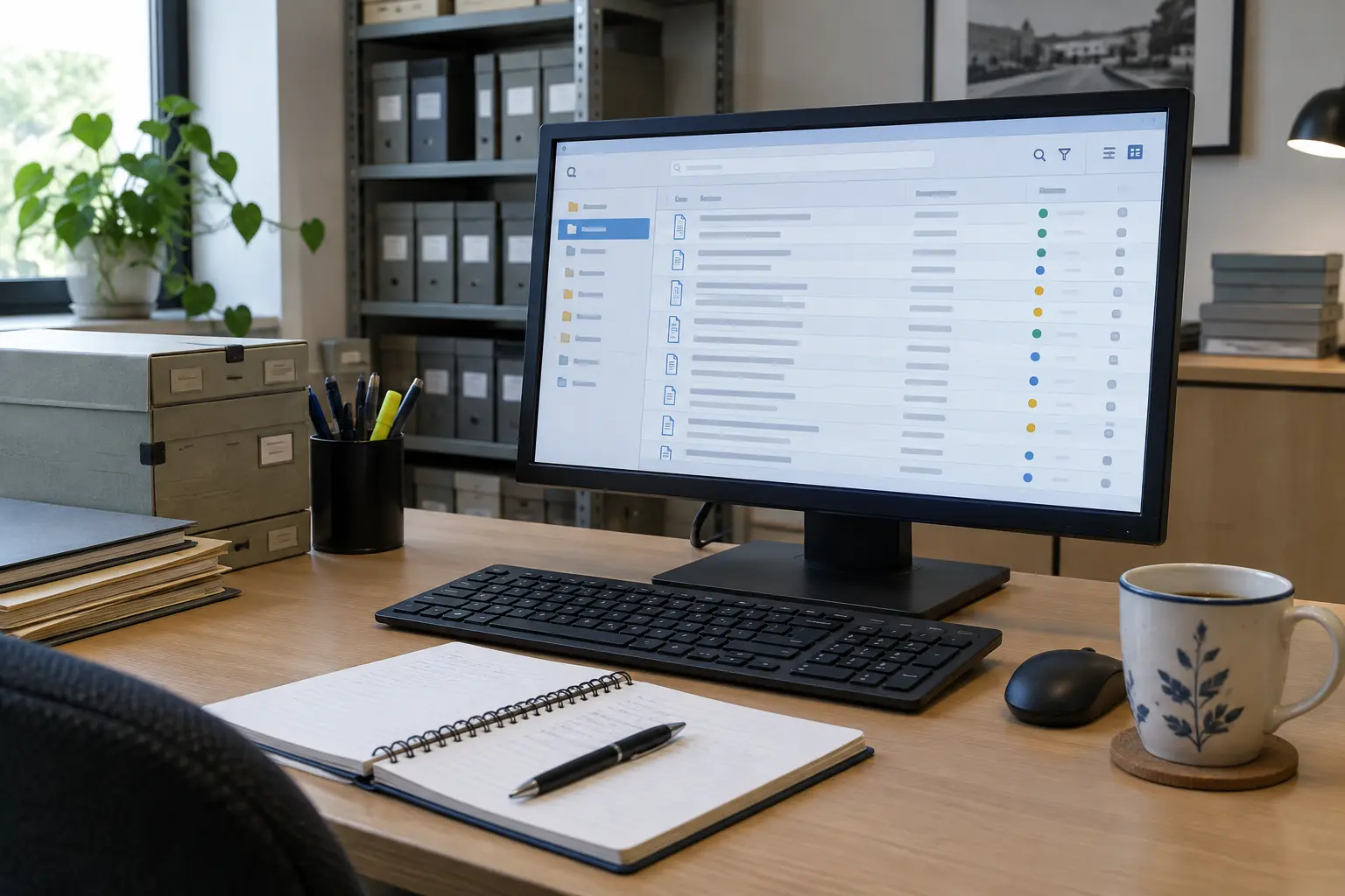 Repository manager's desk with a monitor showing a list of records