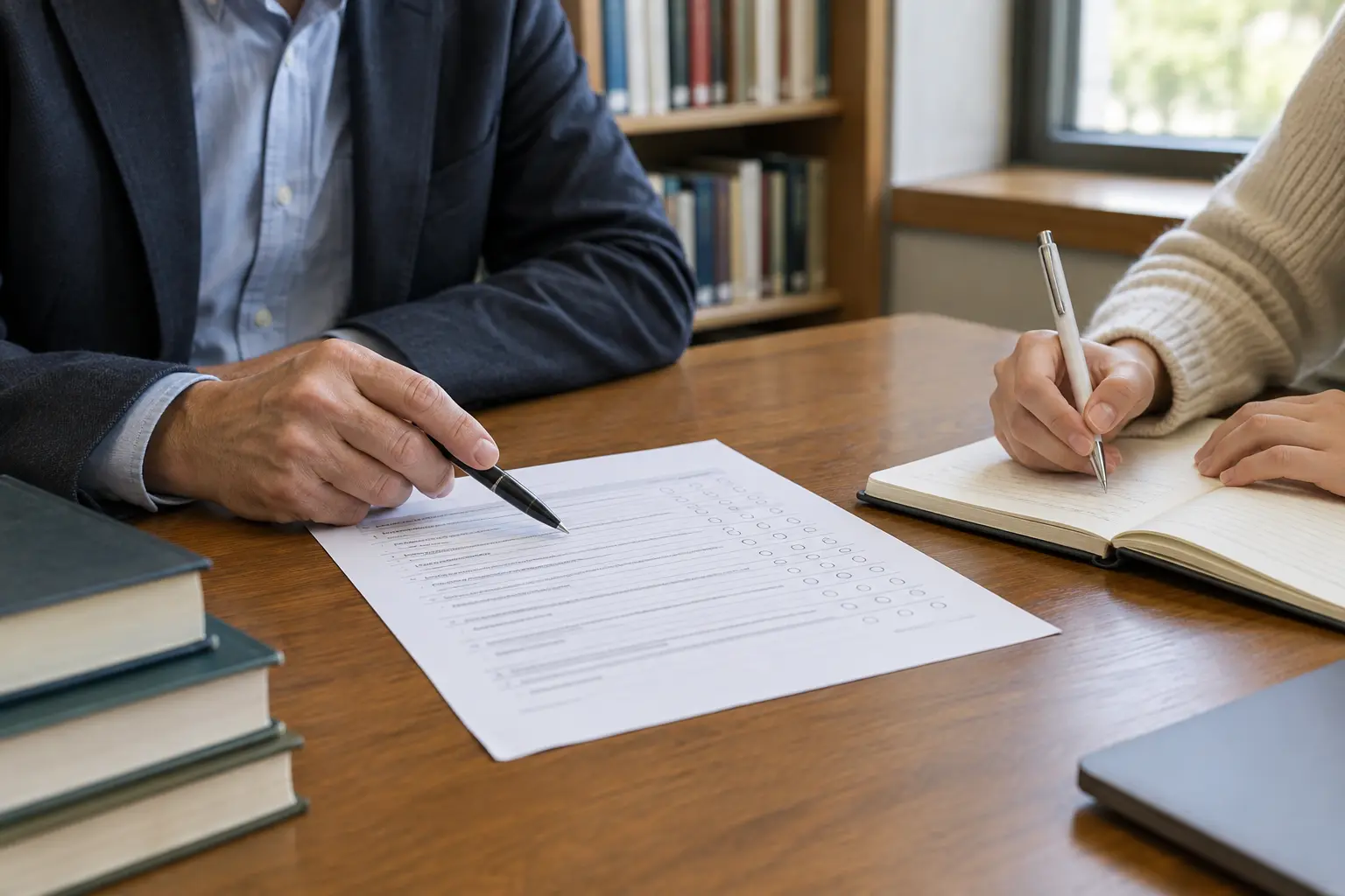 Supervisor and student reviewing a printed questionnaire at a library desk