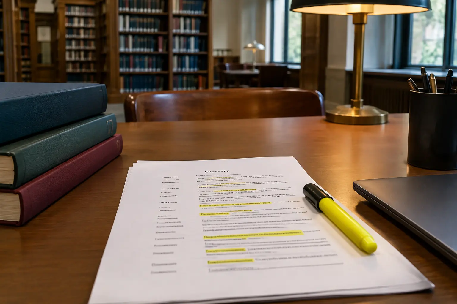 Examiner's desk with a printed glossary page and a highlighter