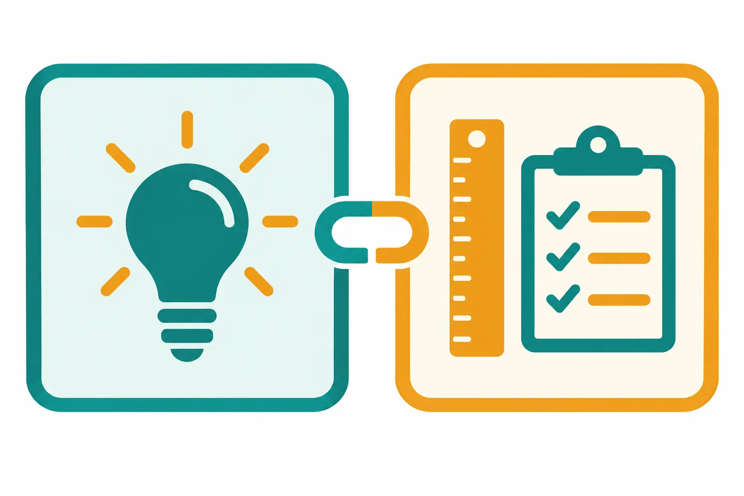 Two linked cards, one showing an idea icon and one a ruler and checklist