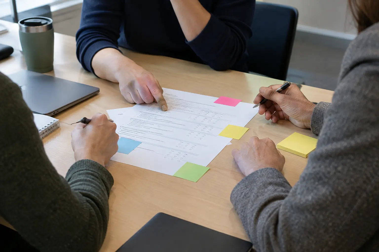 Academics around a table reviewing a printed questionnaire with sticky notes